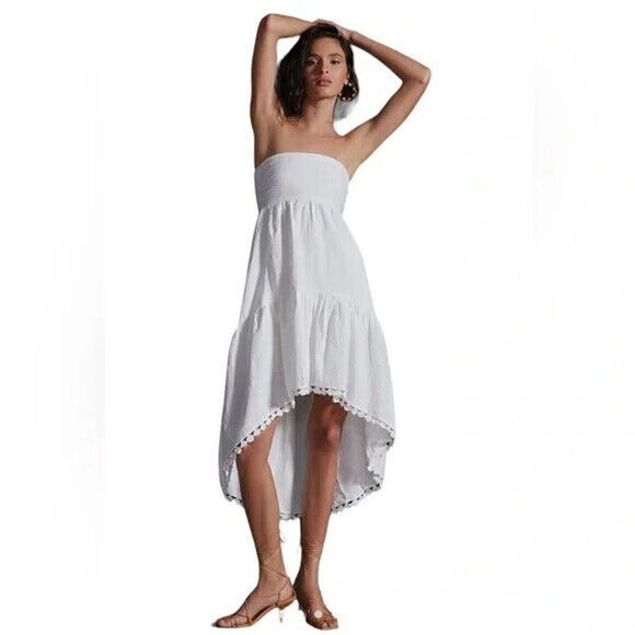 NEW! ANTHROPOLOGIE Maeve White boho high low tiered dress removable strap Medium - Picture 1 of 11